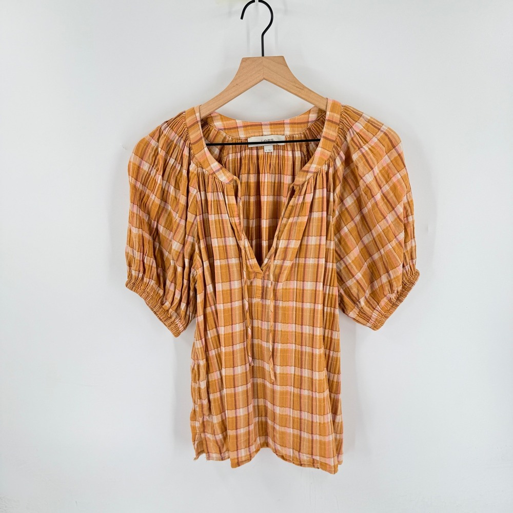 LOFT Plaid Puff Sleeve Blouse Orange Medium Boho Peasant Top Gauze Fall Autumn